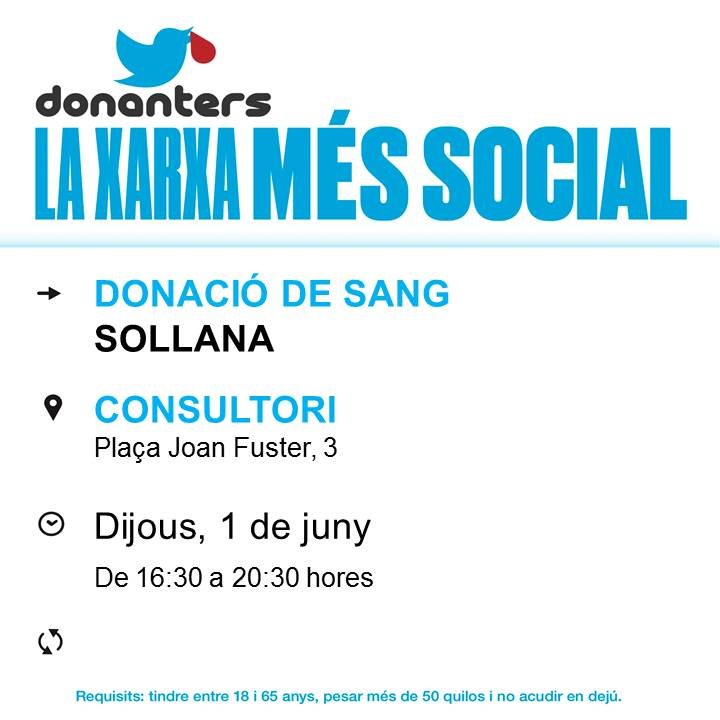 GVAdonasang's tweet photo. Dona Sang #Sollana
📅dijous #1Juny
La necessitat de sang és diària.
👉La teua col·laboració permet que pacients hospitalitzats puguen rebre el seu tractament. #FesteDonanter, comparteix salut! https://t.co/ctaOfaBx9k