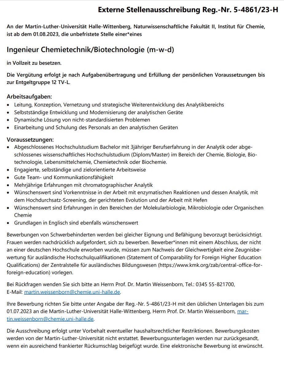 Please RT: Excited about analytics, high throughput techniques or enzymes? We offer a permanent position (E12) - please apply 😃 verwaltung.uni-halle.de/dezern3/Aussch… #directedevolution #biocatalysis