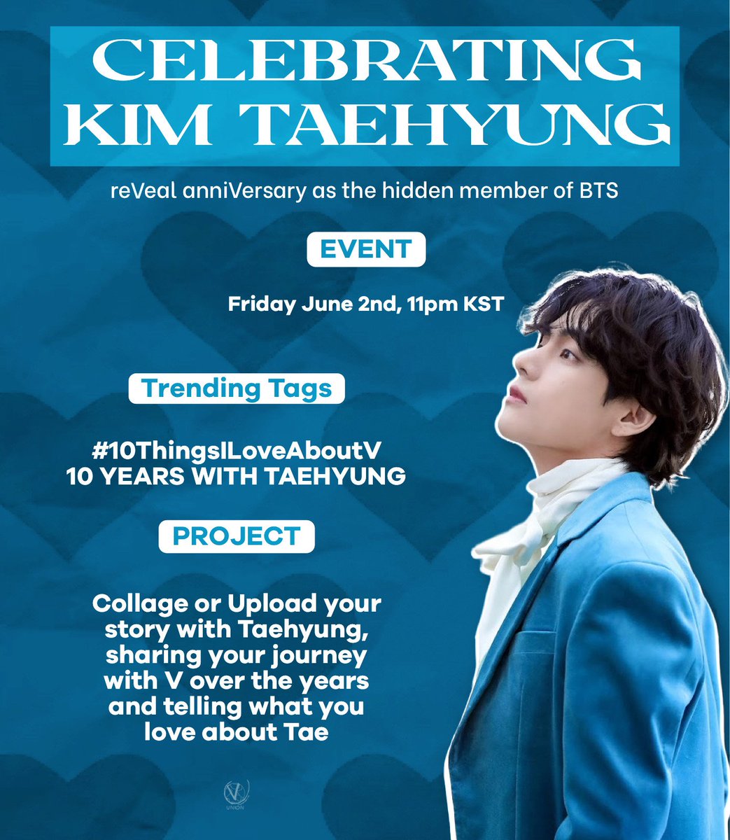 📣 It will soon be the 10th anniVersary since Taehyung was introduced to the world in his surprise reVeal as the 7th & final member of BTS shortly before Bangtan's debut! Join in warmly commemorating Tae's special unVeiling with deep appreciation on Friday from 23:00 KST ♡ INFO: