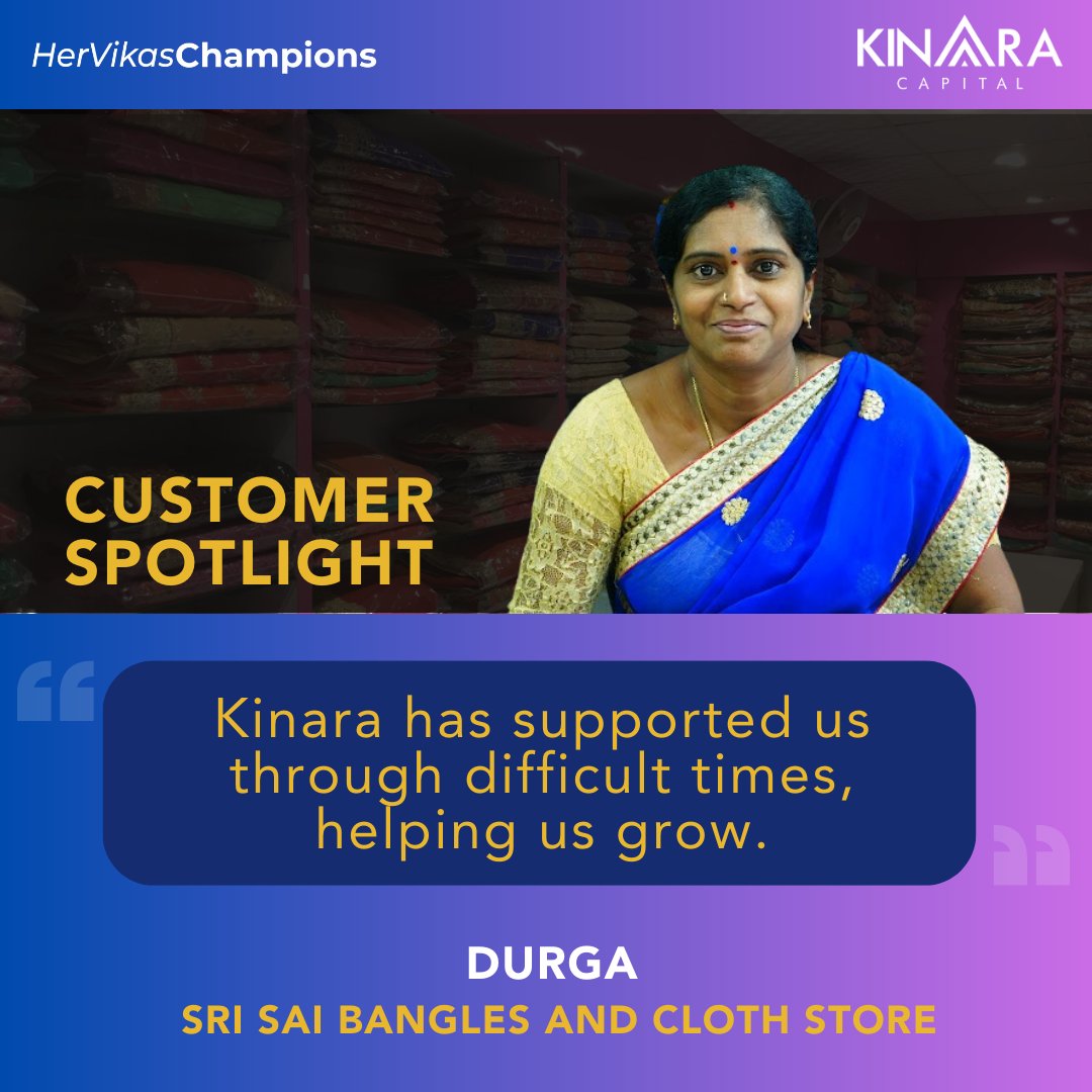 Our #HerVikasChampion this week features Durga from #Hyderabad #Telangana who shares, 'Kinara has supported us through difficult times, helping us grow.”

m.knra.io/MeetDurga

#HerVikas #KinaraCapital #FundingHerFuture #myKinaraApp #WeLoveOurCustomers #Growth #SmallBusinesses