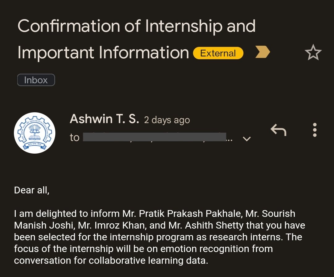 Super pumped to announce that I and my team have been selected as research interns @iitbombay! 

Cheers to new learnings this summer 🥂