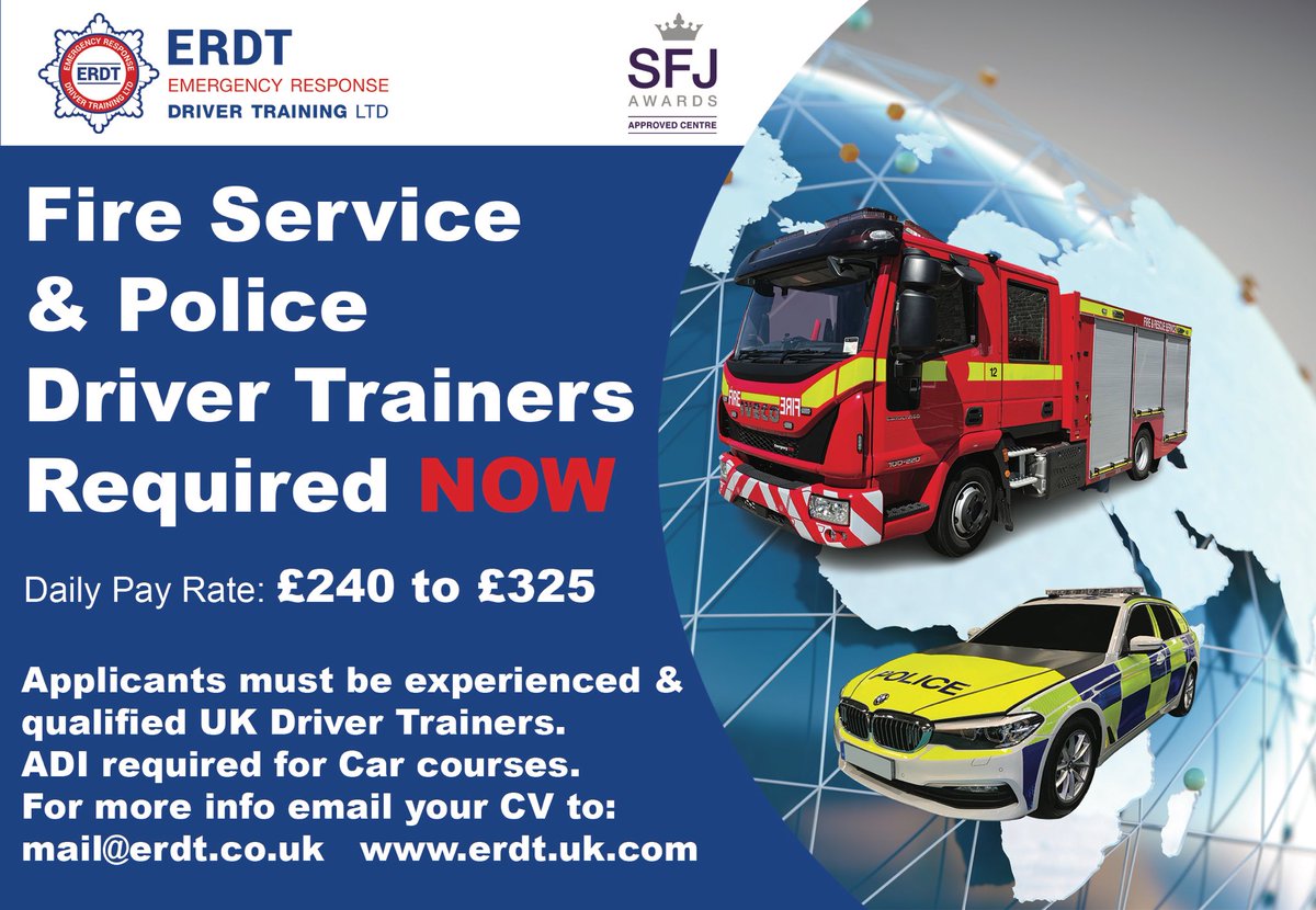 ERDT_training's tweet photo. UK Fire &amp; Rescue and Police Driver Trainers are Required NOW to deliver courses on a Freelance basics across the UK and Internationally. Daily Rate: £240 to £325.
experienced, qualified UK Trainers, Car trainers must hold ADI.
For info, email CV mail@erdt.co.uk #fire #police https://t.co/tUzPmQnETG