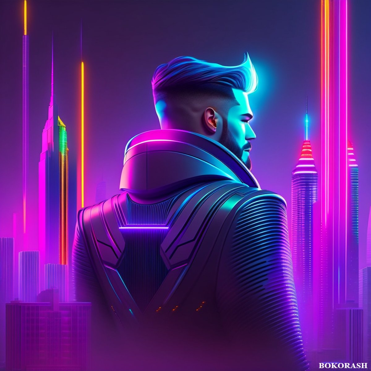 NFTBOKORASH's tweet photo. Meet the 'Neon King' - embodiment of the neon world in a metropolis. Stylish, powerful, he rules the city from his neon peak. #NFT #NeonKing #ArtDeco #Metropolis #Cyberpunk #ModernMinimalism #GraphicStyle #NFTCommunity #CryptoArt #ETH #Blockchain #NFTCollector #BOKORASH #NFTdrop https://t.co/xBLudQaYIZ