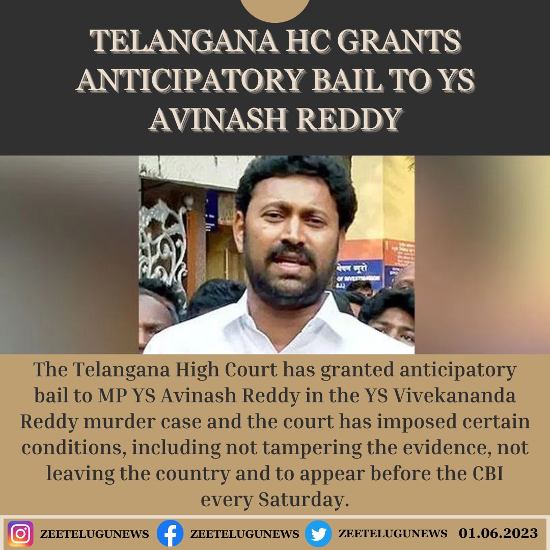 Telangana HC grants anticipatory bail to YS Avinash Reddy.
#TelanganaHC #YSVivekanandaReddy #YSAvinashReddy