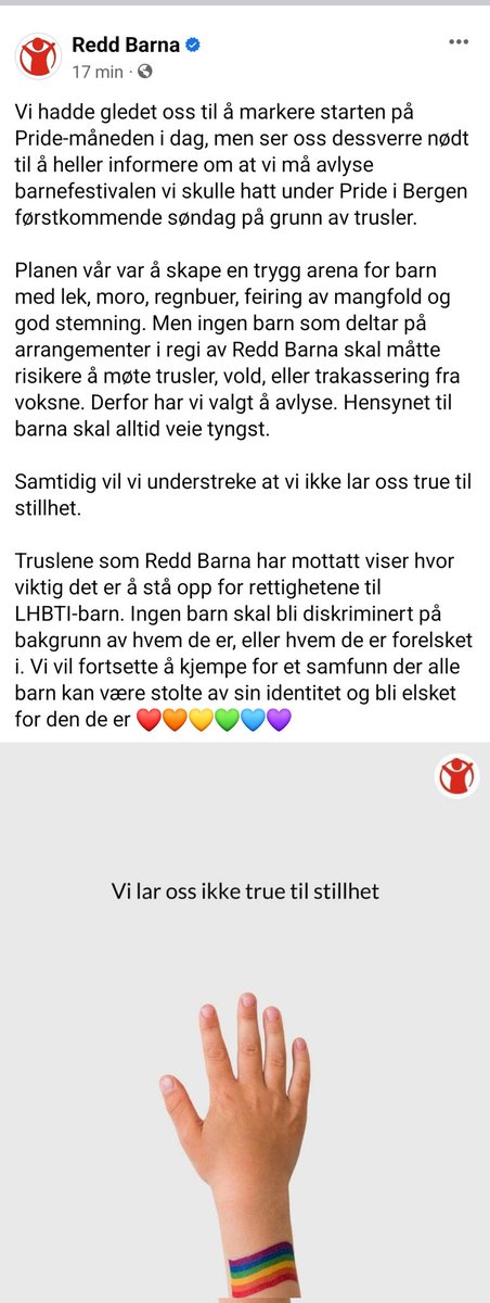 Christine, not CIStine (@cjentoft) on Twitter photo Nå synes jeg dere skal bli sinte.
<a href="/ReddBarna/">Redd Barna</a> ser seg nødt til å avlyse sitt Pride arrangement for barn i Bergen, grunnet trusler.
Riktig vurdering av Redd Barna. Sabla trist for hva det sier om vårt land. Nå synes jeg dere skal bli sinte.
<a href="/ReddBarna/">Redd Barna</a> ser seg nødt til å avlyse sitt Pride arrangement for barn i Bergen, grunnet trusler.
Riktig vurdering av Redd Barna. Sabla trist for hva det sier om vårt land.