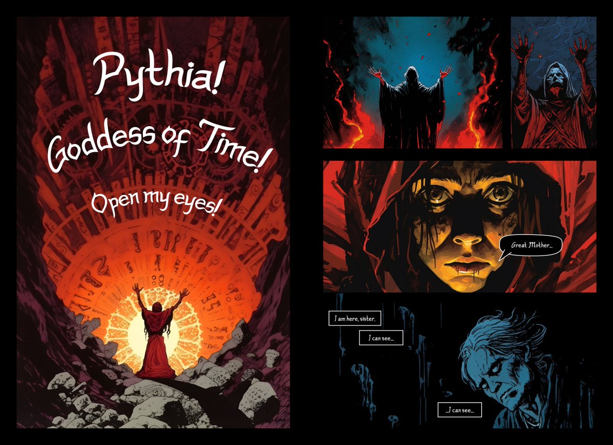 DW_MidJourney's tweet photo. Doctor Who and the Midjourney Presents...

PROPHECY OF THE PYTHIA!

A free 20pg comic made entirely with Midjourney!

Download here!

Pages: https://t.co/wdoNB0DzqL

Spreads: https://t.co/Dc9TAdyFN3

I'd love to make another, perhaps adapt something? Reply with suggestions! https://t.co/Trhg4WAdfM