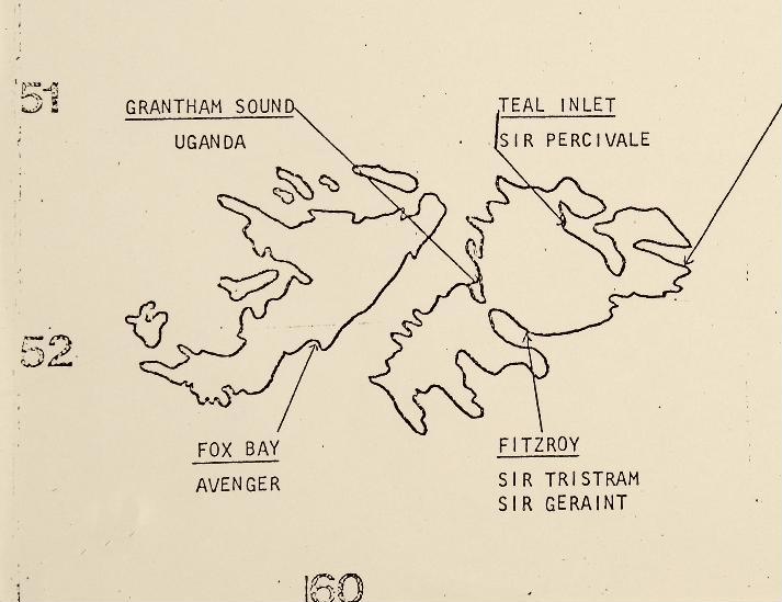 June 1st 1982: RFA Sir Percivale arrives at Teal Inlet to support 3 Commando Brigade operations, as meanwhile, HMS Avenger hovers off Fox Bay, SS Uganda off Grantham Sound & Sir Tristram and Sir Geraint are anchored around Chouseul Sound (not Fitzroy, as the map suggests).