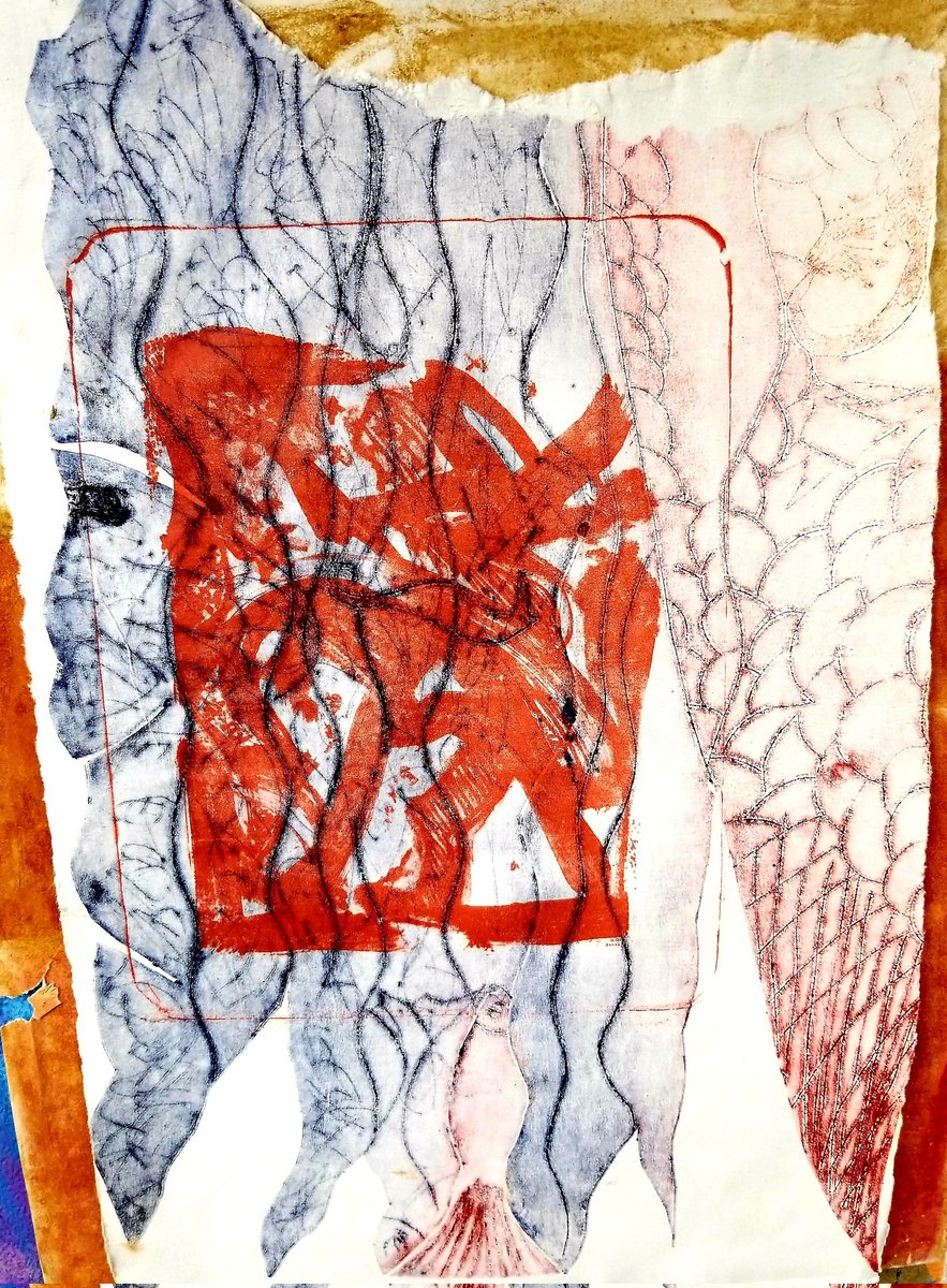 '#Peixos & #Humanoides'.
#Engraving.  2 #Techniques:
A- #Drypoint on Tetra-brick (my own).
B- #Lithography.
#Monoprint P/A on Fine #Paper.
#Printmaking.
#Series #Retrospective.
Pre #Auraism © #XSolé
