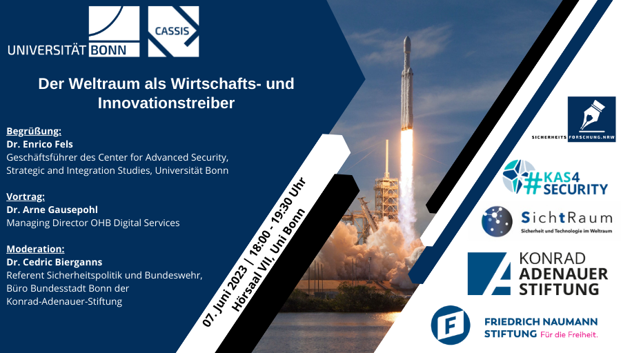 CASSIS_Bonn's tweet photo. 🚀07.06. | 18:00 | @unibonn Hörsaal VII: Wir freuen uns auf die Ausführungen zu "Der Weltraum als Wirtschafts- und Innovationstreiber" von Dr. Enrico Fels, Dr. Arne Gausepohl @OHB_SE &amp; Dr. Cedric Bierganns
👉https://t.co/QjWaURQFuG https://t.co/K1ihisoQMz