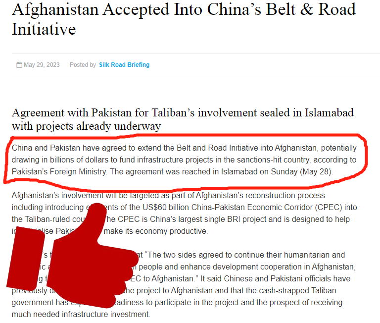Zoramonroe19's tweet photo. @SparksRed2023 China and Pakistan have agreed to extend the Belt and Road Initiative into Afghanistan, potentially drawing in billions of dollars to fund infrastructure projects in the sanctions-hit country, according to Pakistan’s Foreign Ministry. https://t.co/NR2miHDH2n