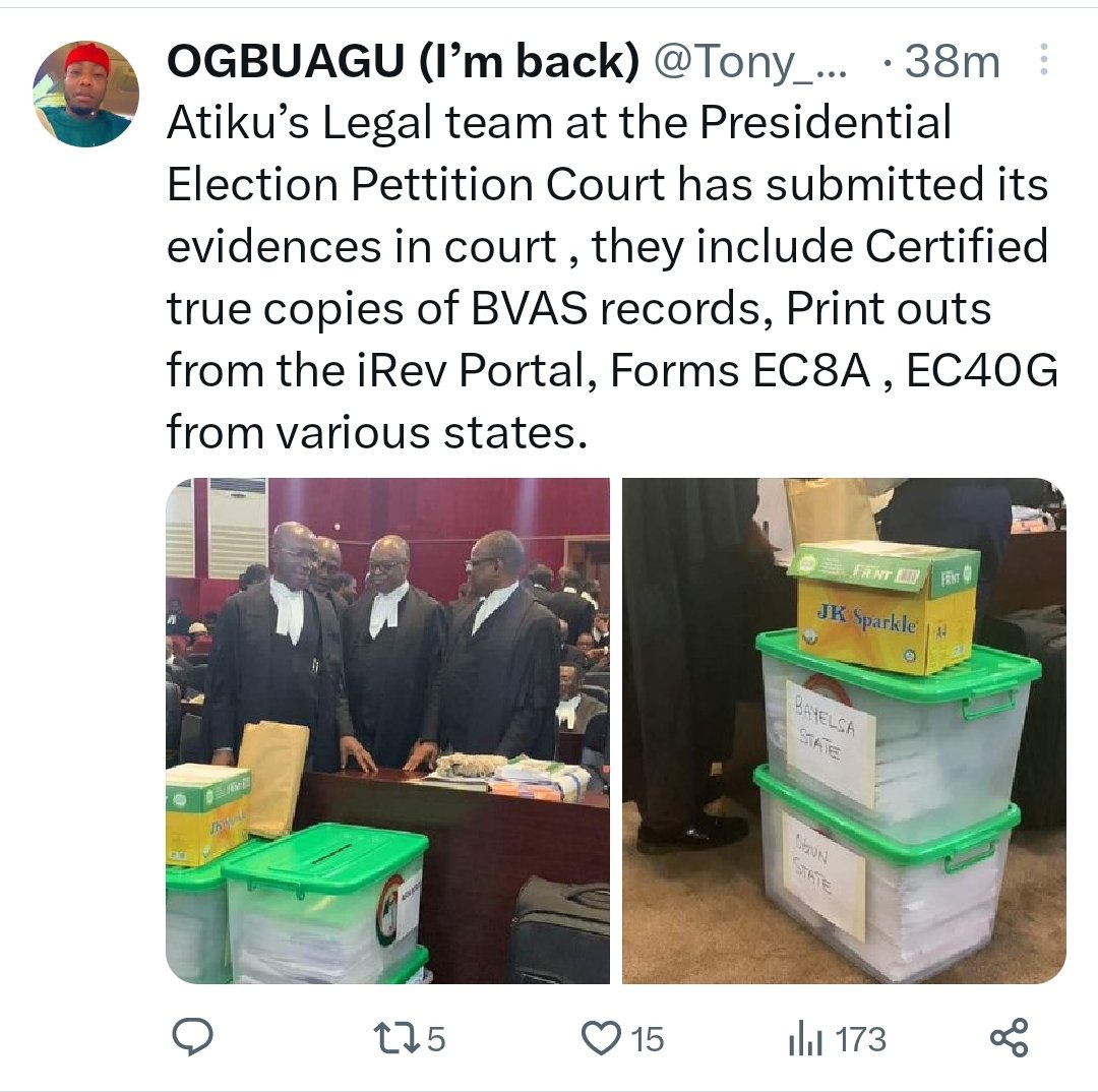 PDP has SUBMITTED their own EVIDENCES which includes
1. Certified true copies of BVAS records.
2. Print outs from the iREV portal
3. Forms EC8A,EC40G 
All from various states.
But Ob!diots want INEC provide EVIDENCES for them.
You claim you won an election yet you want the umpire…