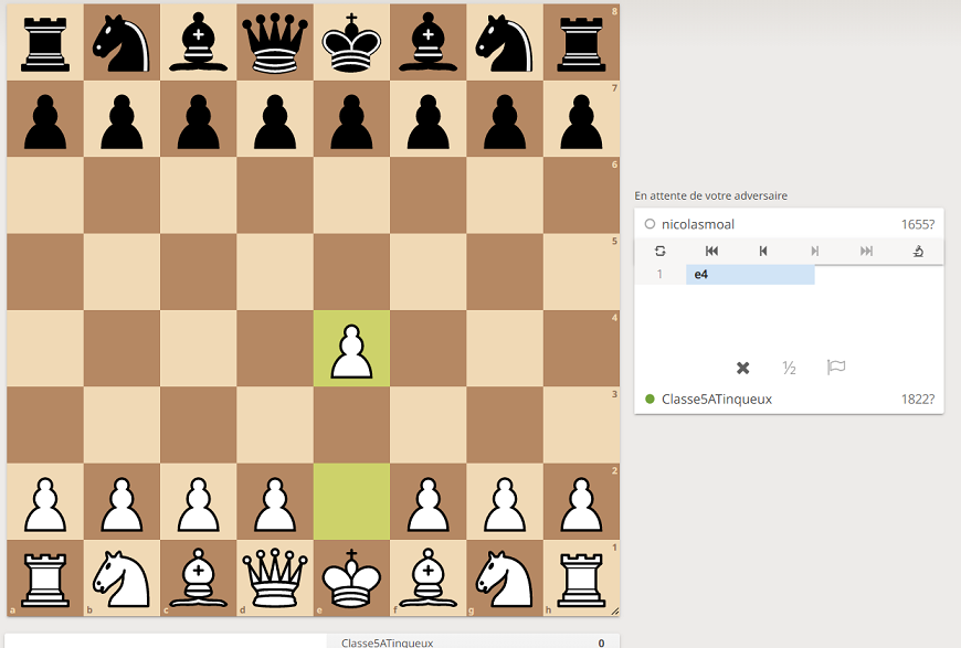 Bounjour, @okkin_29 !
Bonne partie !
Nous jouons notre pion en e4.
#Quotichess