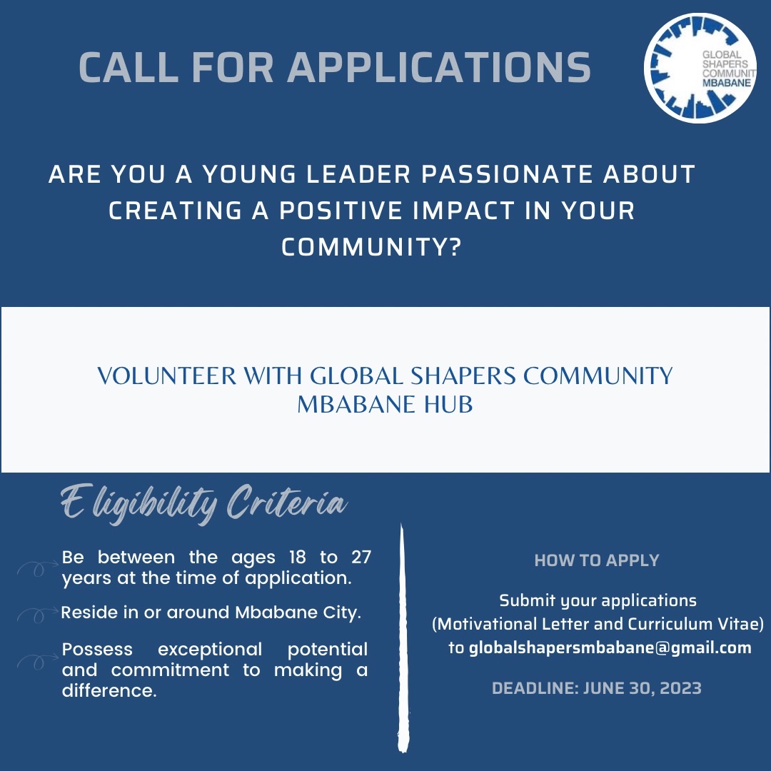 📢 Apply to be a Global Shaper in the Mbabane Hub by June 30th!

#globalshapers #globalshaperscommunity #worldeconomicforum #changemakers #sdgs #eswatini #swaziland #mbabane