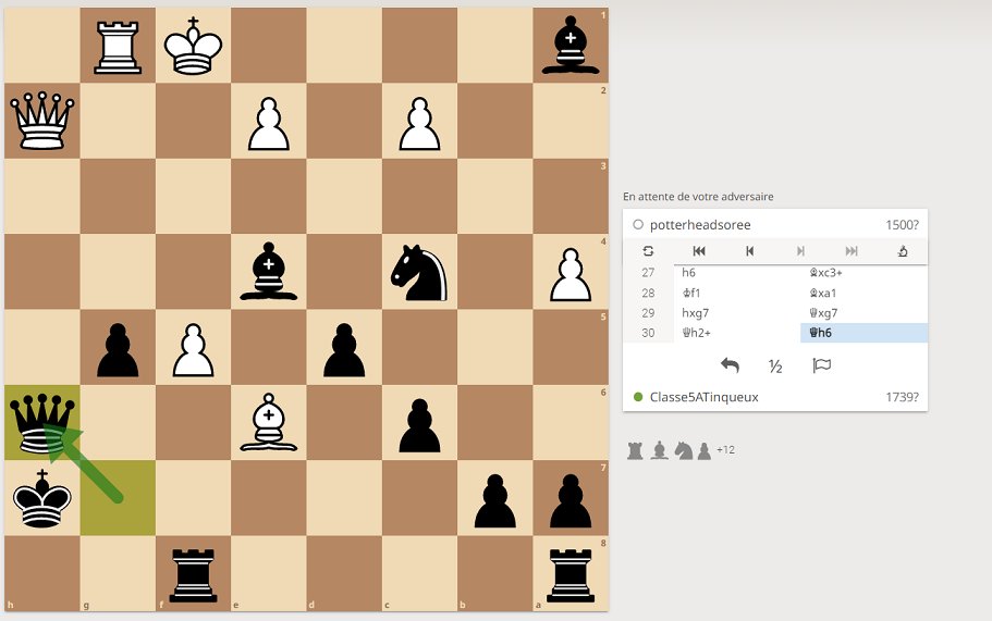 bonjour <a href="/potterheadsoree/">Catherine Chotard</a> !
Nous n'avons pas le choix, nous jouons notre dame en h6 pour ne plus être en échec
#Quotichess