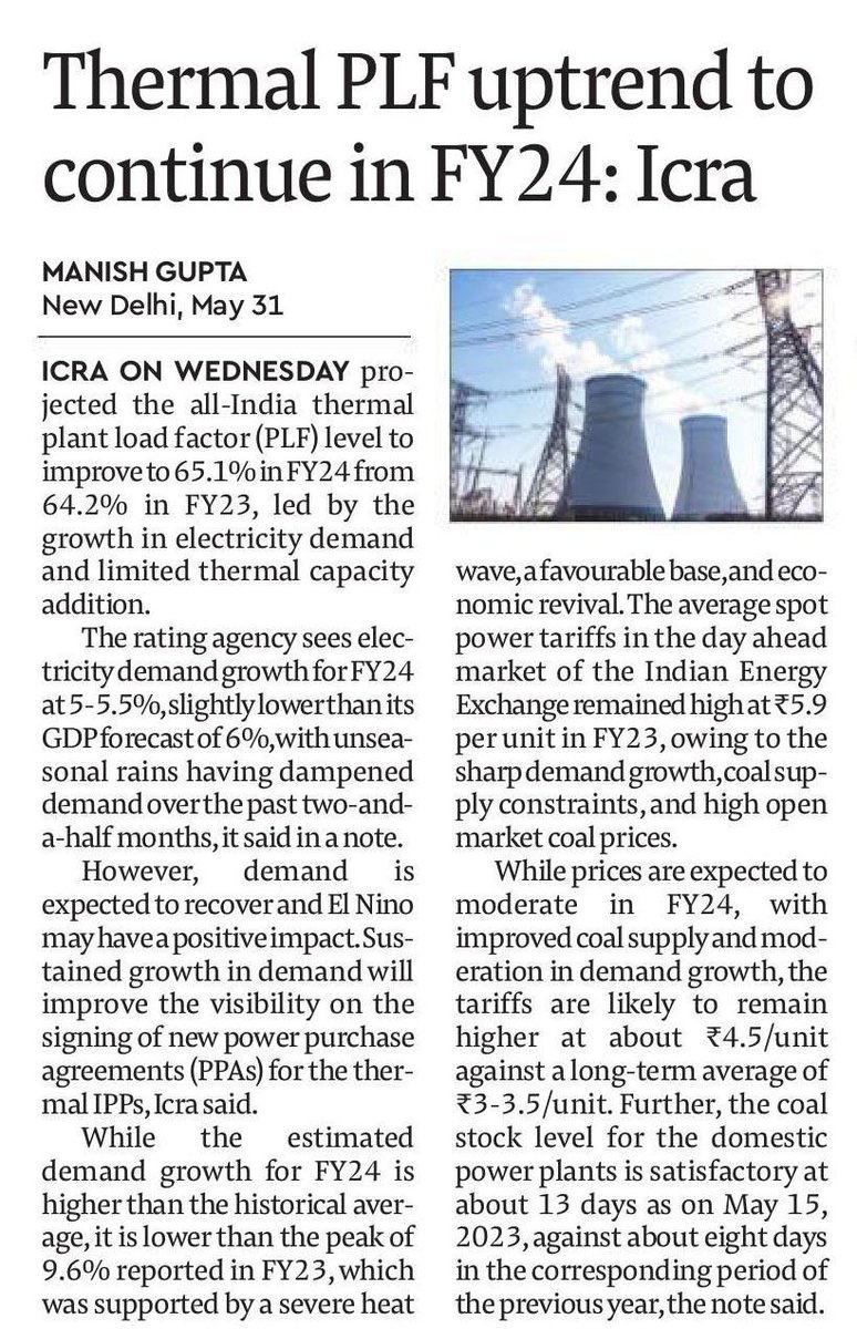 According to ICRA, the overall capacity utilization of thermal plant load factor (PLF) will increase to 65.1% in FY24 from 64.2% in FY23, led by the growth in the electricity demand and limited thermal capacity addition.

@FinancialXpress 

#ICRAInNews #ICRAViews #PLF