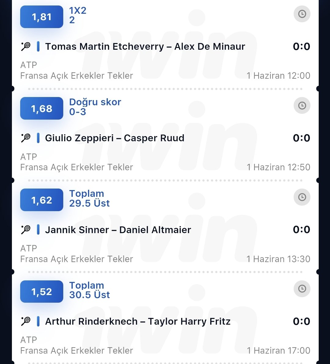 RT&amp;FAV #RolandGarros 

1000₺ ödüllü kupon gelirse 5x200₺
 
Etcheverry – De Minaur
📌 Alex De Minaur
Zeppieri – Ruud
📌 Ruud 0:3 skor
Sinner – Altmaier
📌 toplam 29,5 üst
Rinderknech – Fritz
📌 toplam 30,5 üst

Kayıt için promokod: SONICTIPS

1win: 1wizmo.top