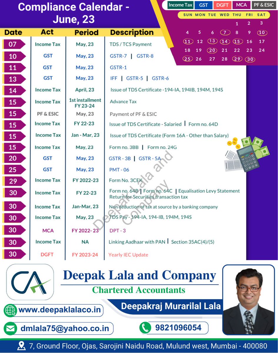 June 2023 Monthly Compliance #incometaxindia #gstindia #DueDates #compliance #charteredaccountant #deepaklala