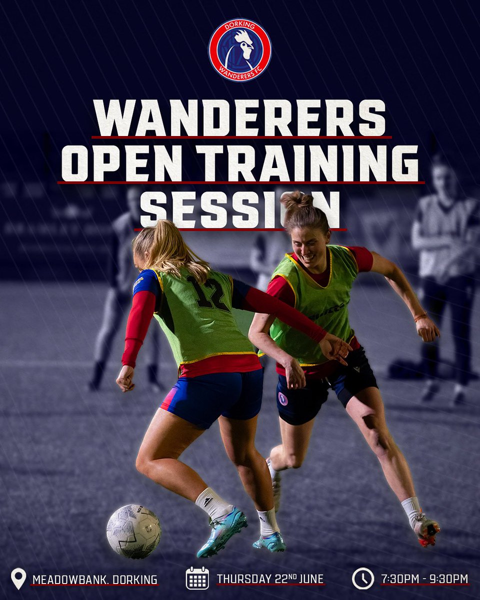 We're hosting an 𝗢𝗣𝗘𝗡 𝗧𝗥𝗔𝗜𝗡𝗜𝗡𝗚 𝗦𝗘𝗦𝗦𝗜𝗢𝗡 for the 23/24 season. 
🗓️Thurs 22nd June - 7:30pm

What we offer...

⚽️UEFA B coaching
🏟Home - Meadowbank
🏆Tier 5 Football
🏃‍♀️Training on Quality 3G
💪S&amp;C 
🩹Physio
📈Analysis
🙅‍♀️No fees/free kit

✍️dorkingwanderers.com/register