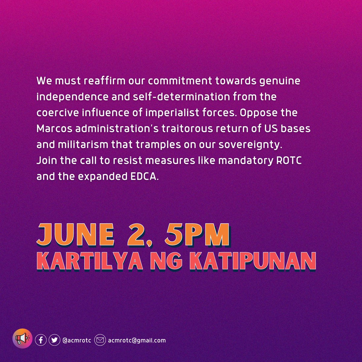 acmrotc's tweet photo. We must keep our own peace.

If our elitist decision-makers are sending us to war, it is up to the people that elected them to try everything we can to keep peace.

We must resist measures like mandatory ROTC and the expanded EDCA in every way we can. 

1/2 https://t.co/uZJdbDOLLM