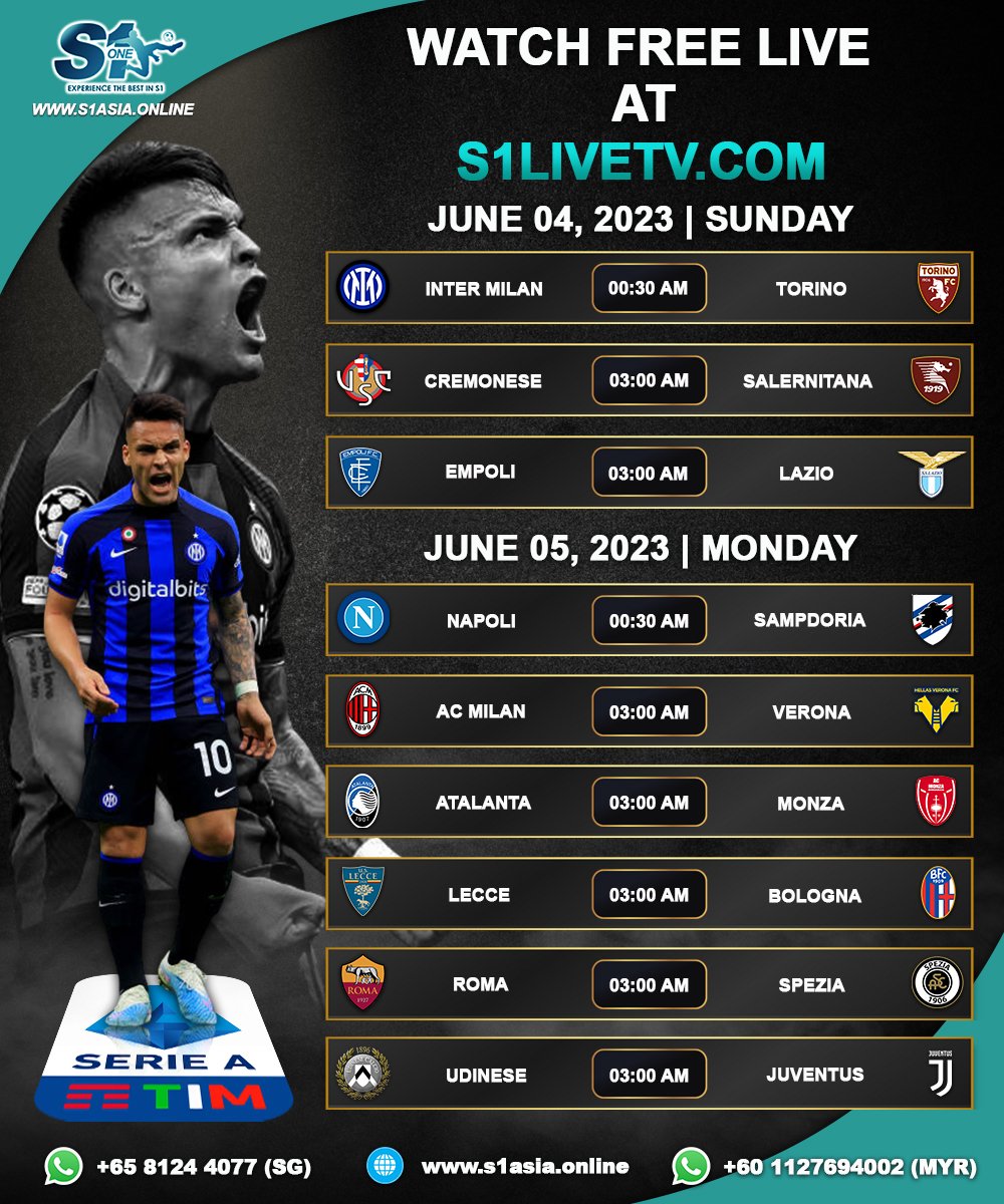 𝐒𝐎𝐂𝐂𝐄𝐑 𝐌𝐀𝐓𝐂𝐇 𝐒𝐂𝐇𝐄𝐃𝐔𝐋𝐄  

⚽️𝐒𝐄𝐑𝐈𝐄 𝐀 ⚽️
JUNE 04 - 05, 2023

Watch our free live soccer game. 
Here at  👉 s1livetv.com 

#SerieA #highlights #goals #s1bet #sonebet #onlinebetting #s1asia #fyp #sportsbetting #sports #SINGAPOREBETTING #soccer