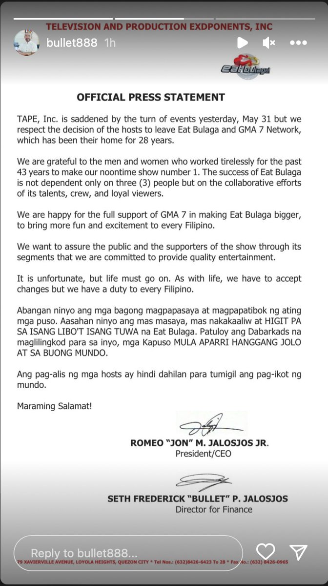 inquirerdotnet's tweet photo. JUST IN: Production company TAPE Inc. has issued a press statement, a day after the departure of noontime show "Eat Bulaga," as it re-affirmed its commitment to "provide quality entertainment" to the public. | 📸: Jalosjos/Instagram via @HMallorcaINQ https://t.co/AswQibIVPU