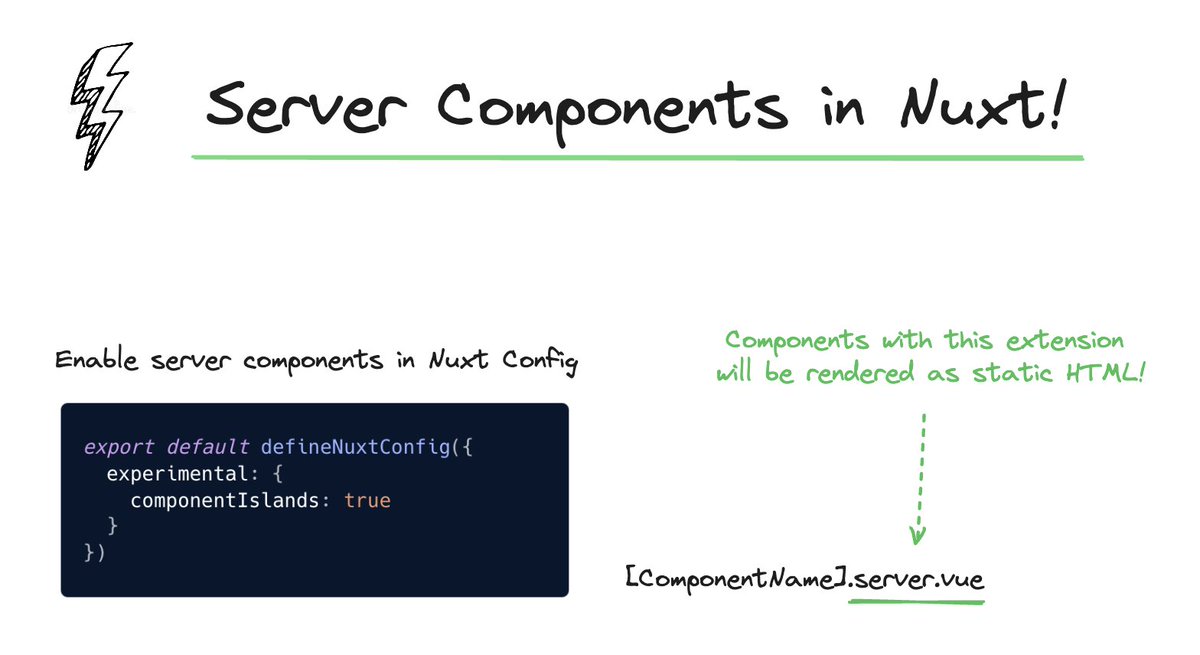 There is a lot of hype about RSC in React, but did you know that you can build server-only components in @nuxt_js  too?

Those components add 0 JavaScript to your client bundle, which makes your app faster!

Enabling them takes 10 seconds 🔥

#javascript #nuxtjs #webperf #vuejs