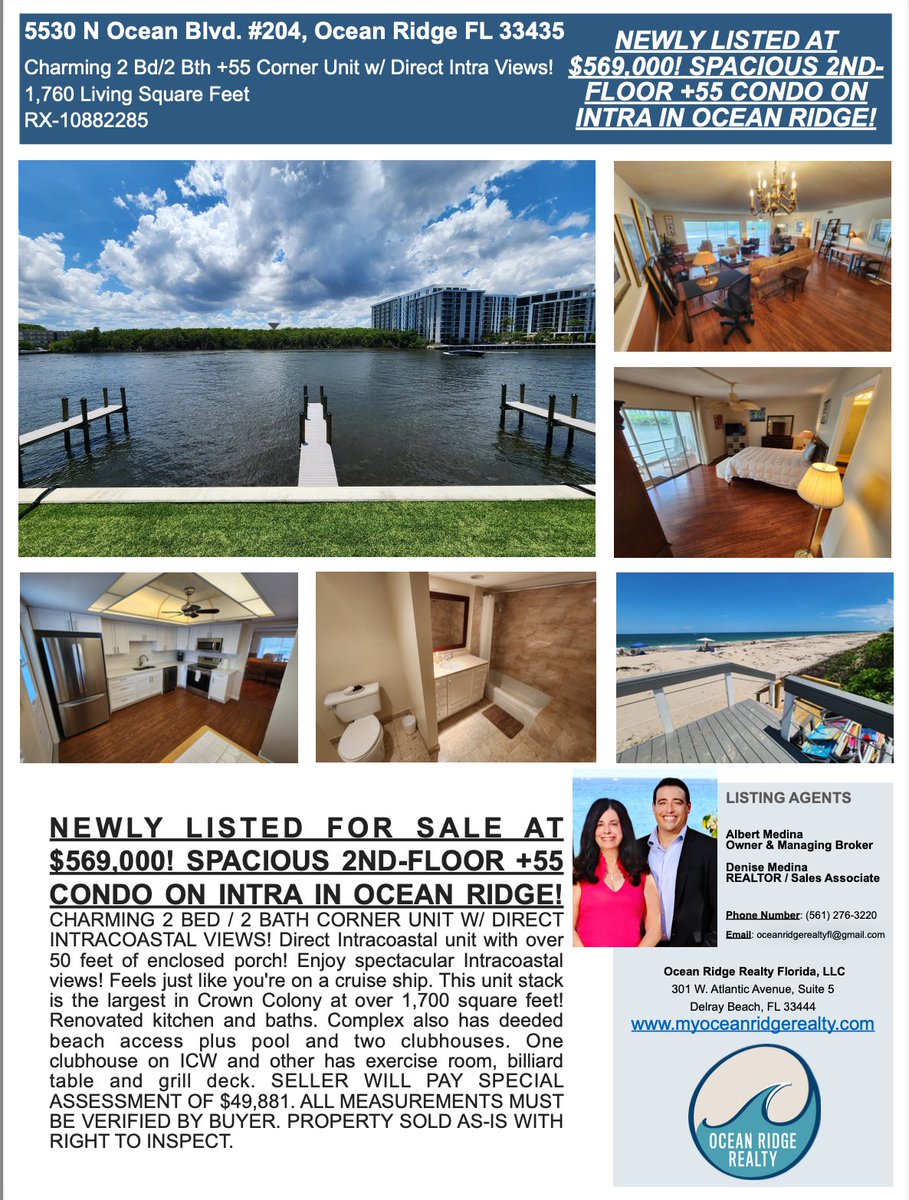 AlbertMedinaEsq's tweet photo. NEWLY LISTED AT $569,000! SPACIOUS 2ND-FLR +55 CONDO ON INTRA IN OCEAN RIDGE!
CHARMING 2 BED / 2 BATH CORNER UNIT W/ DIRECT INTRACOASTAL VIEWS!
5530 N Ocean Blvd #204 Ocean Ridge, FL 33435
RX-10891885
1,760 Sq Ft
CONTACT US TODAY!
#forsale #avalable #OceanRidge #CrownColony https://t.co/eCr52RPyq8
