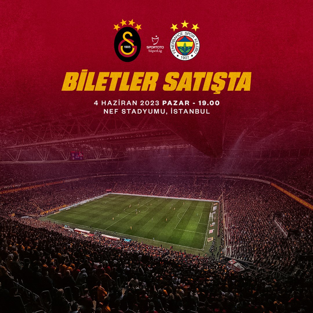 🦁 HAYDİ ŞAMPİYON GALATASARAY TARAFTARI! 🔥

🏟️ Galatasarayımızın, Spor Toto Süper Lig’in 37. haftasında Fenerbahçe ile 4 Haziran Pazar günü saat 19.00’da Nef Stadyumu’nda oynayacağı maçın biletleri GENEL SATIŞTA! 🎫 #GSvFB

🛒 Satın almak için 👉 bit.ly/BiletGSvFB…