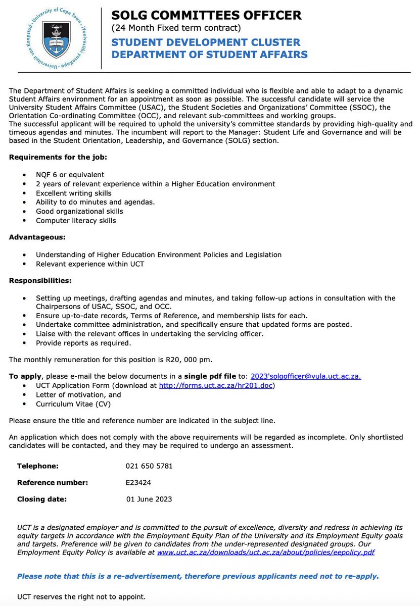 yuthconnect's tweet image. 📌UCT 

- SOLG Committees Officer 🗓️1 Jun
uct.ac.za/sites/default/…

- Marketing Communications Officer 🗓️9 Jun
uct.ac.za/sites/default/…

Legal Services Officer 🗓️9 Jun
uct.ac.za/sites/default/…

uct.ac.za/staff/general-…