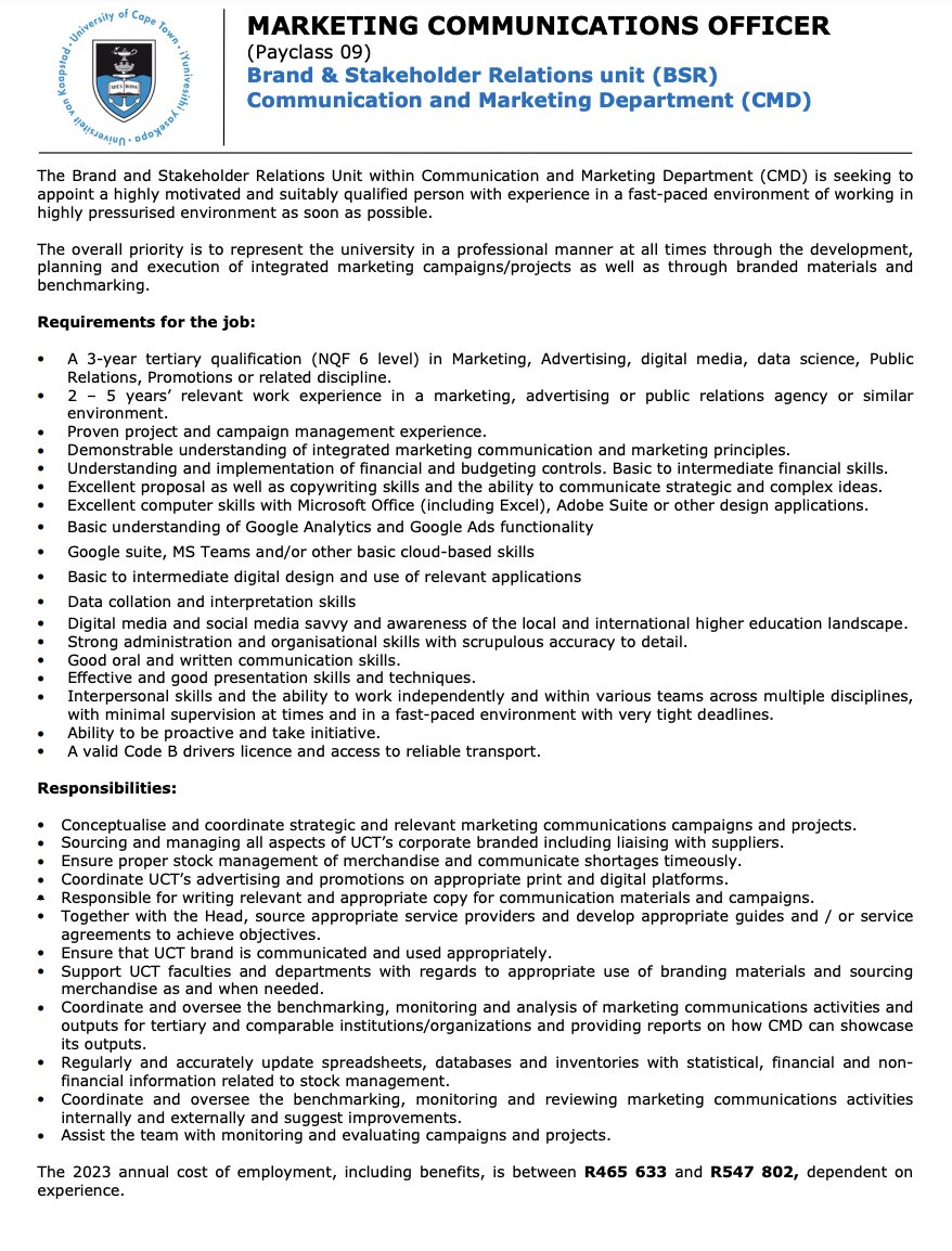 yuthconnect's tweet image. 📌UCT 

- SOLG Committees Officer 🗓️1 Jun
uct.ac.za/sites/default/…

- Marketing Communications Officer 🗓️9 Jun
uct.ac.za/sites/default/…

Legal Services Officer 🗓️9 Jun
uct.ac.za/sites/default/…

uct.ac.za/staff/general-…