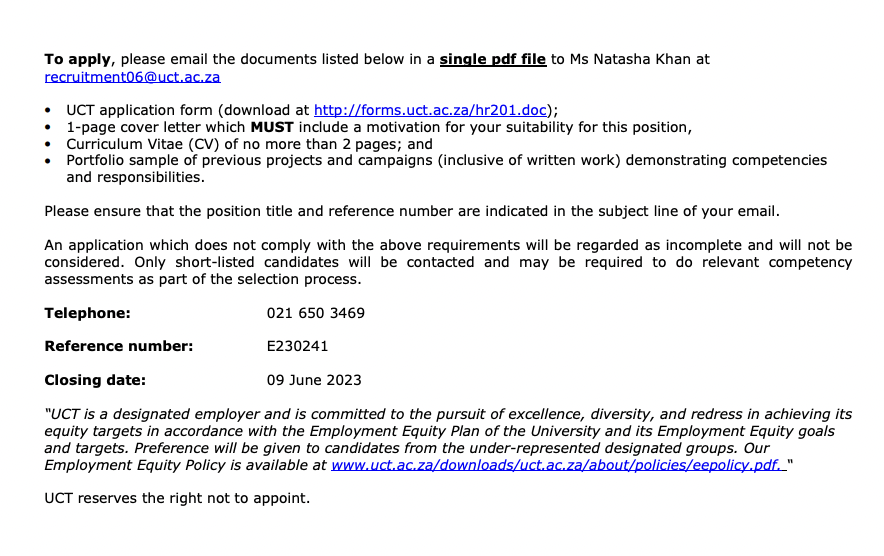 yuthconnect's tweet image. 📌UCT 

- SOLG Committees Officer 🗓️1 Jun
uct.ac.za/sites/default/…

- Marketing Communications Officer 🗓️9 Jun
uct.ac.za/sites/default/…

Legal Services Officer 🗓️9 Jun
uct.ac.za/sites/default/…

uct.ac.za/staff/general-…