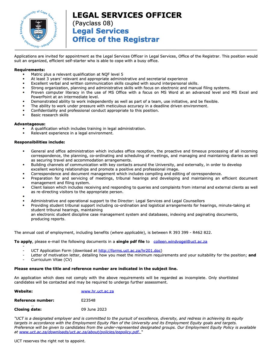 yuthconnect's tweet image. 📌UCT 

- SOLG Committees Officer 🗓️1 Jun
uct.ac.za/sites/default/…

- Marketing Communications Officer 🗓️9 Jun
uct.ac.za/sites/default/…

Legal Services Officer 🗓️9 Jun
uct.ac.za/sites/default/…

uct.ac.za/staff/general-…