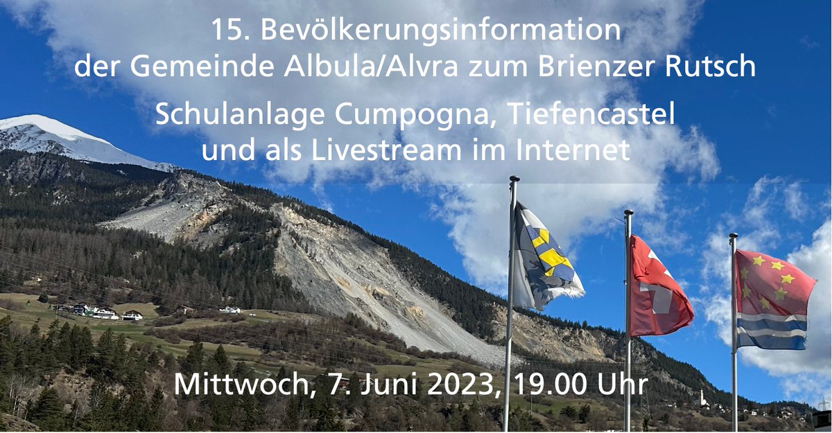 Öffentliche #Bevölkerungsinformation der Gemeinde @AlbulaAlvra zum #BrienzerRutsch. 
Nächsten Mittwoch, 7. Juni, 19 Uhr
in Tiefencastel und über #Livestream.
- Aktuelle Lage «Insel»
- Kommission Siedlung
- Projekt Entwässerungsstollen
#Dialog #Transparenz