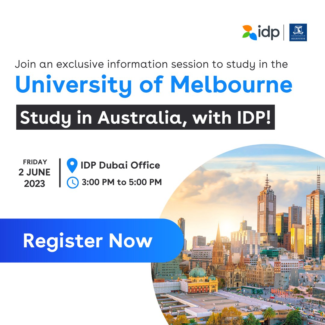 📢  Meet University of Melbourne tomorrow at the IDP Dubai Office! 

📌 REGISTER NOW: bit.ly/43DlSFw
--
#idpeduuae #idpstudyabroad #melbourne #universityofmelbourne #UniMelb #studyabroad #university #education