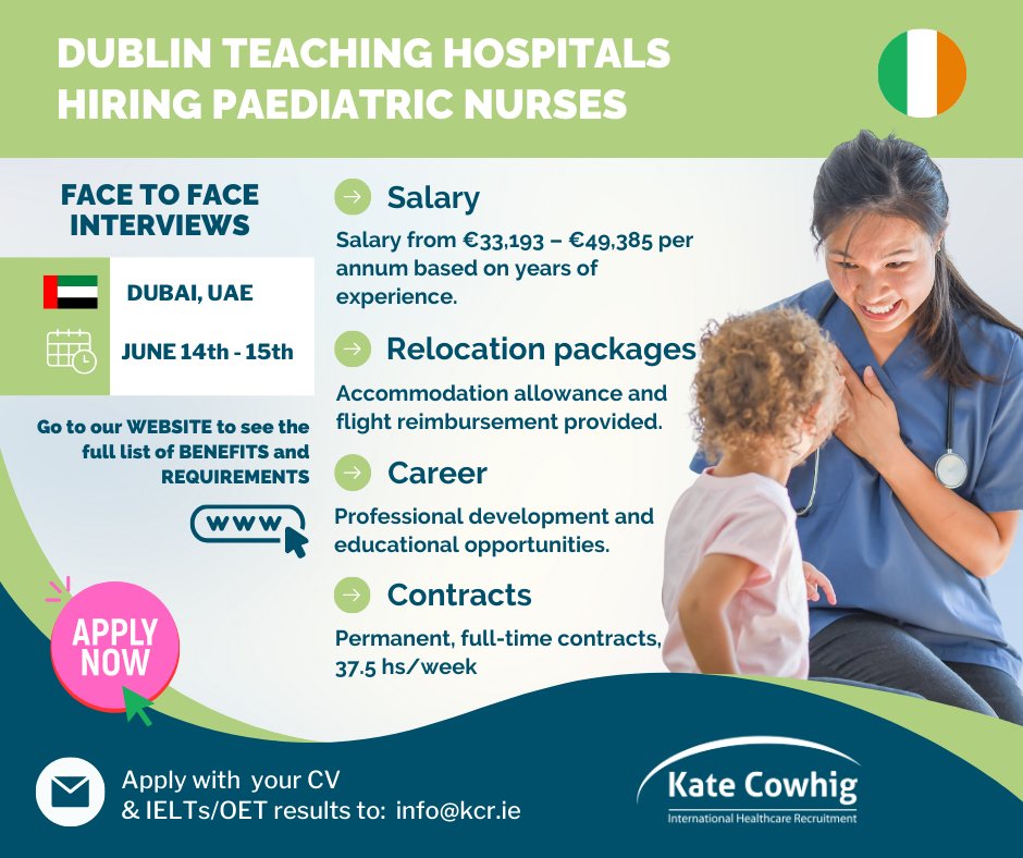 🩺  We are Hiring Paediatric Nurses!

🇦🇪 Interviews will be held in Dubai on the 14th and 15th. Get ready to show us your skills and your heart.
ℹ️ kcr.ie/job/staff-nurs…

#HSEnurses #paediatricnurse #HSEjobs #Irelandnurses #dubaiinterviews #dubainurses #UAEnurses #Irelandnurses