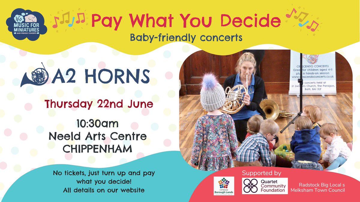In 3 weeks the fantastic @musicminiatures are back! This time it's A2 Horns - a duo with lots to interact with. Enjoy 45 mins of classical music with your little one, no need to sit still; just turn on your listening ears! Full information 👉 bit.ly/mfm_jun23 #WeAreCTC