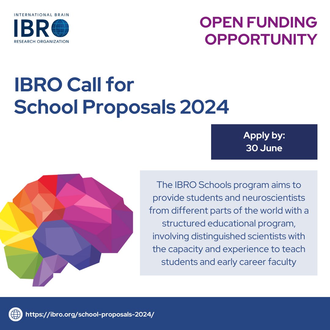 NEW OPPORTUNITY! The call for IBRO School Proposals to support one-week (or more) schools on topics related to #neuroscience will be open until 30 June. Learn more: ow.ly/LAIr50Ozeky @APalacio_s @cheahpikesee @desiretshala @JLLanciego @TheBaleLab @Olamzz1 #training