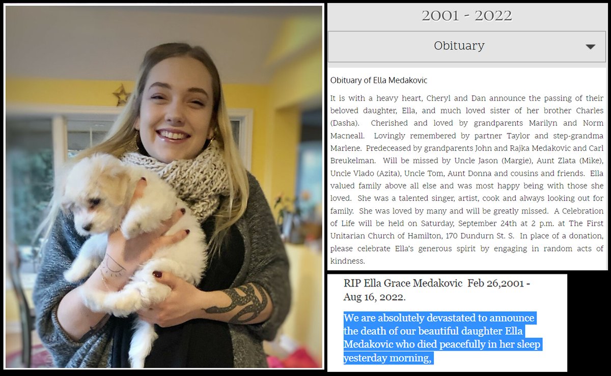 Hamilton, ON - 21 year old singer Ella Medakovic died suddenly in her sleep on Aug.16, 2022.

This is so wrong.

youtube.com/watch?v=zaolXF…

#DiedSuddenly #cdnpoli #ableg