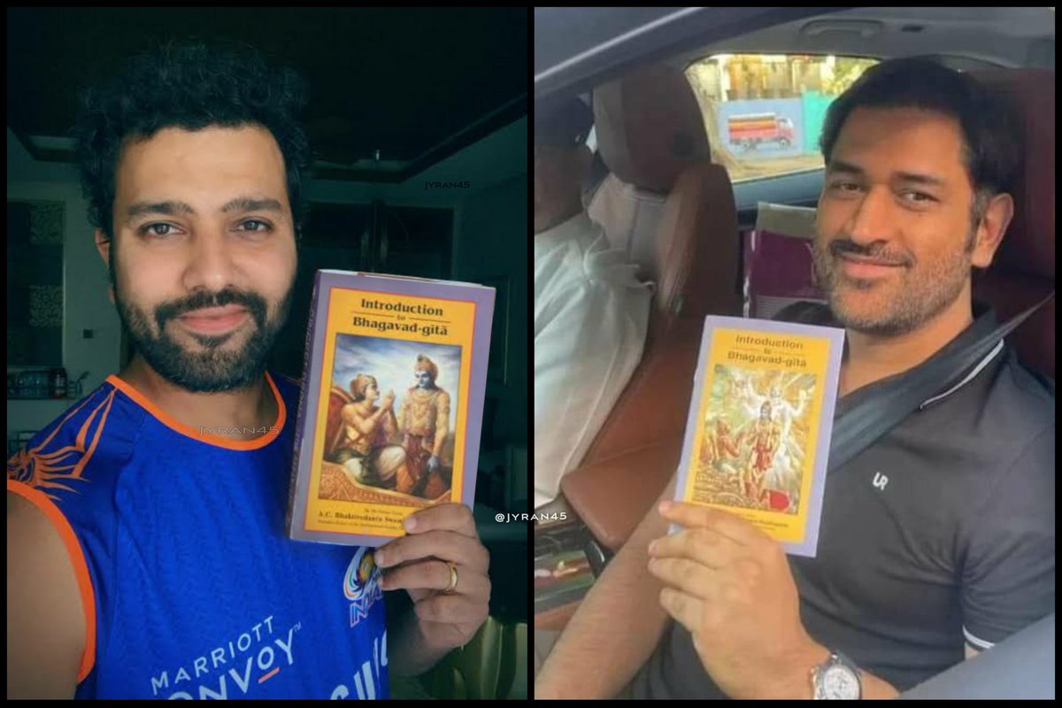 Jyran45's tweet photo. Rohit has won 5 IPL trophies. 
Dhoni has won 5 IPL trophies.

Two great captains in cricket history.

You will always get success when you are on the right path.

The Power of Bhagavad Gita 🔥🛐 https://t.co/jzqIUlgA8o