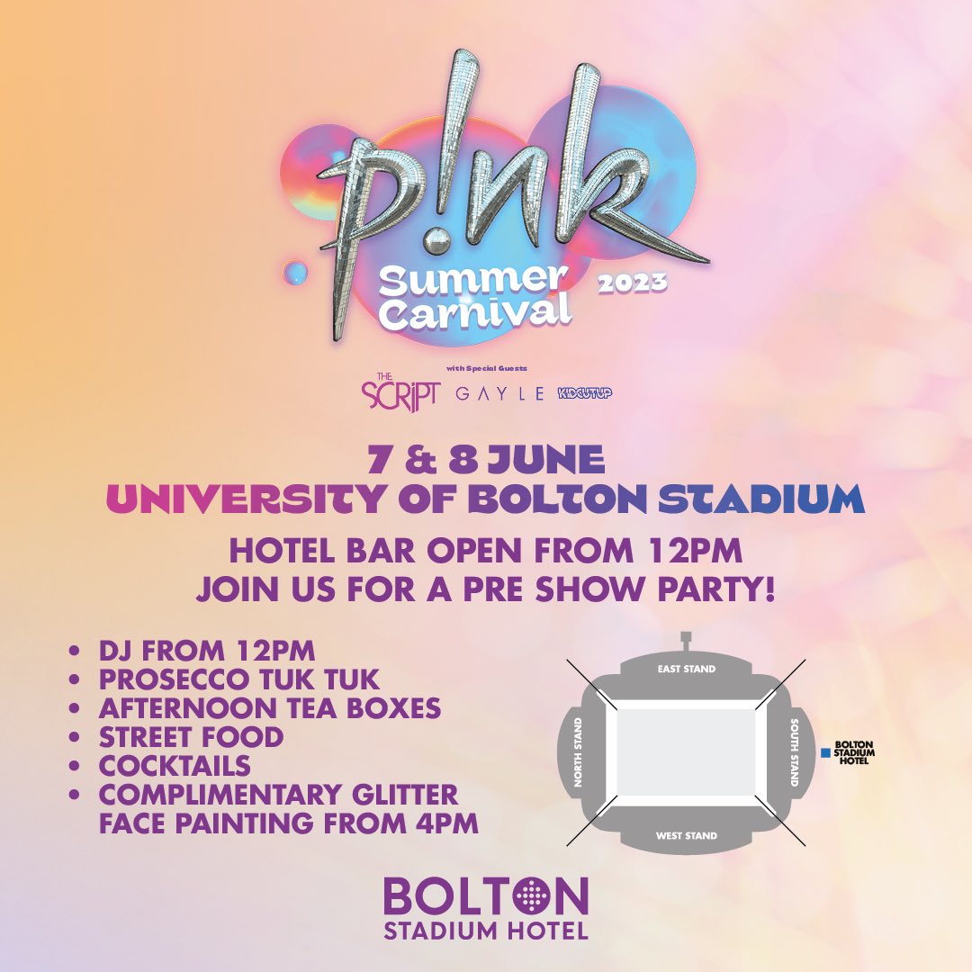 💖🪩 LESS THAN A WEEK TO GO UNTIL THE PINK PARTY IS HERE 💖🪩 

🍹 Take a seat in our lounge, enjoy a cocktail or some delicious food. 
 
Who’s joining us?! Open to the public from 12PM!🥂

🎟️ No need to book, just show your P!NK ticket on the door.