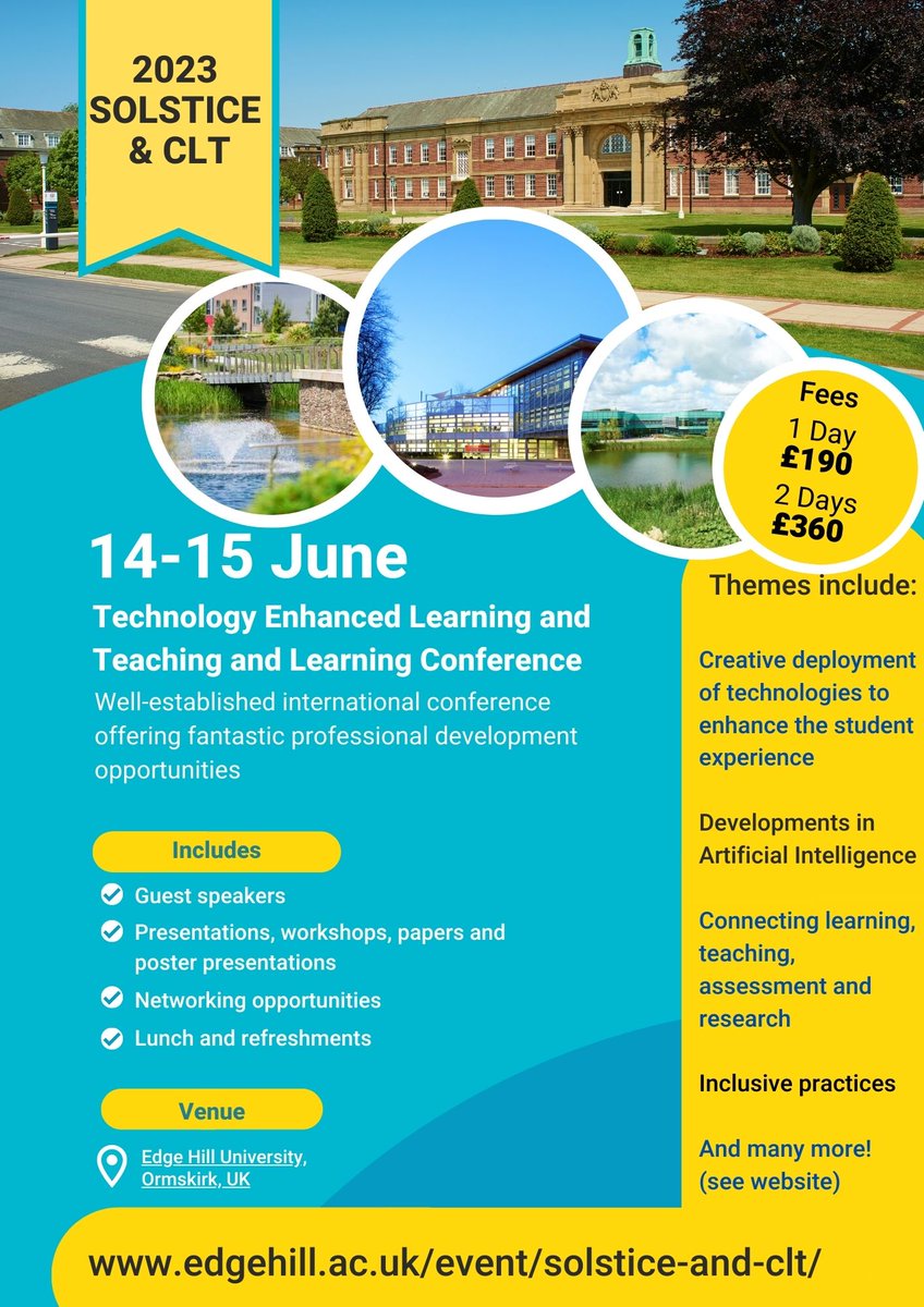 CLTatEHU's tweet photo. Come and join us for 2023 SOLSTICE &amp; CLT Conference, 14-15 June

AI, student engagement, employability, teacher education, wellbeing, online, hybrid &amp; blended learning, using digital tools

Networking &amp; BBQ!

https://t.co/fK335Xuxz8

#conference #teaching #learning #2023SOLSTICE https://t.co/ciKwQZDyfw