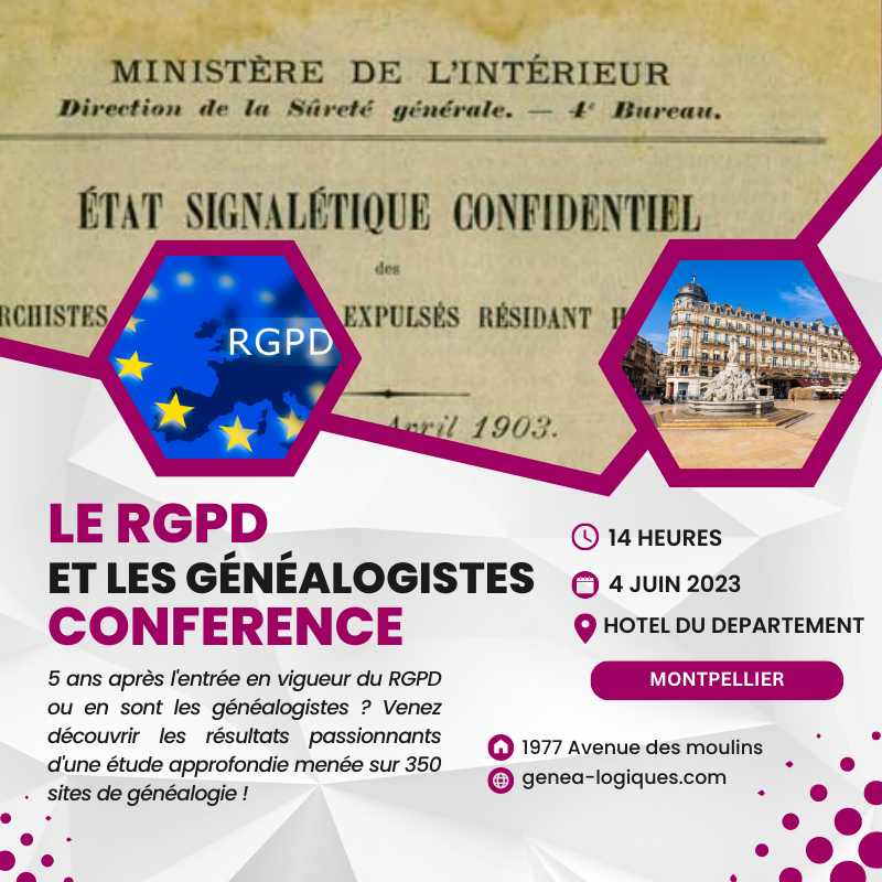 GeneaLogiques's tweet photo. Ce week-end on se retrouve à #montpellier pour parler #généalogie et #RGPD,  avec la présence sur place toute la journée de délégués à protection  des données pour répondre à vos questions sur vos droits et obligations  en matière de protection des données. https://t.co/Nnj0pMFNke