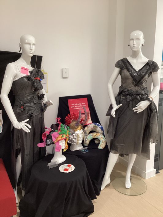 CedarbankSchool's tweet image. Some of our learners were up for the challenge of making an outfit fit for a prom.  Fantastic to see our young people using their initiative and being highly motivated when creating high fashion out of bin bags, wow! #impressivework #artanddesign