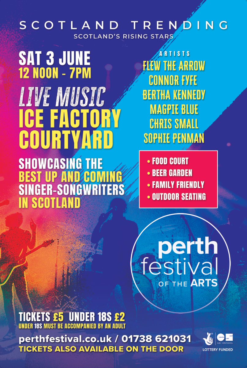 Only 2 more days until #scotlandtrending returns to Perth Festival! Live music from some of the best emerging artists in Scotland. Food court, local vendors, family-friendly & sunshine (yes, we've arranged it!). Tickets just £2-£5. Thank you @CreativeScots for all your support.