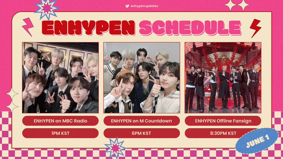 #ENHYPEN Schedule — June 1 (KST)

• ENHYPEN on MBC Radio (1PM)
🔗 youtube.com/watch?v=8g-Shy…

• ENHYPEN on MCountdown (6PM)
🔗 skpb.live
🔗 mnetplus.world/community/vide…
🔗 youtu.be/nWkjR8ho2Bc

• ENHYPEN Offline Fansign (8:30PM)

<a href="/ENHYPEN_members/">ENHYPEN</a> <a href="/ENHYPEN/">ENHYPEN OFFICIAL</a> #엔하이픈