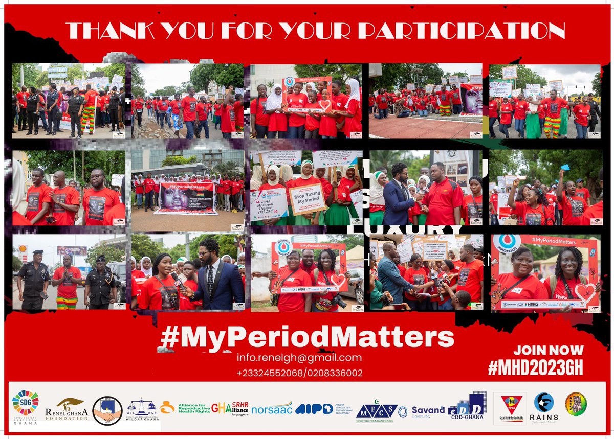 We thank all stakeholders for making #MyPeriodMattersDemo a reality #WeAreCommitted #MenstrualHygiene #MHDay2023GH #HaltPeriodTaxNow @GACC_GHANA @CSOPlatformSDG @TheGHAlliance @WiLDAFGhana @neearchie @arhrghana @PPAGGhana @bemefa @ElormBeenie @JoyNewsOnTV @tv3_ghana  @cmghana
