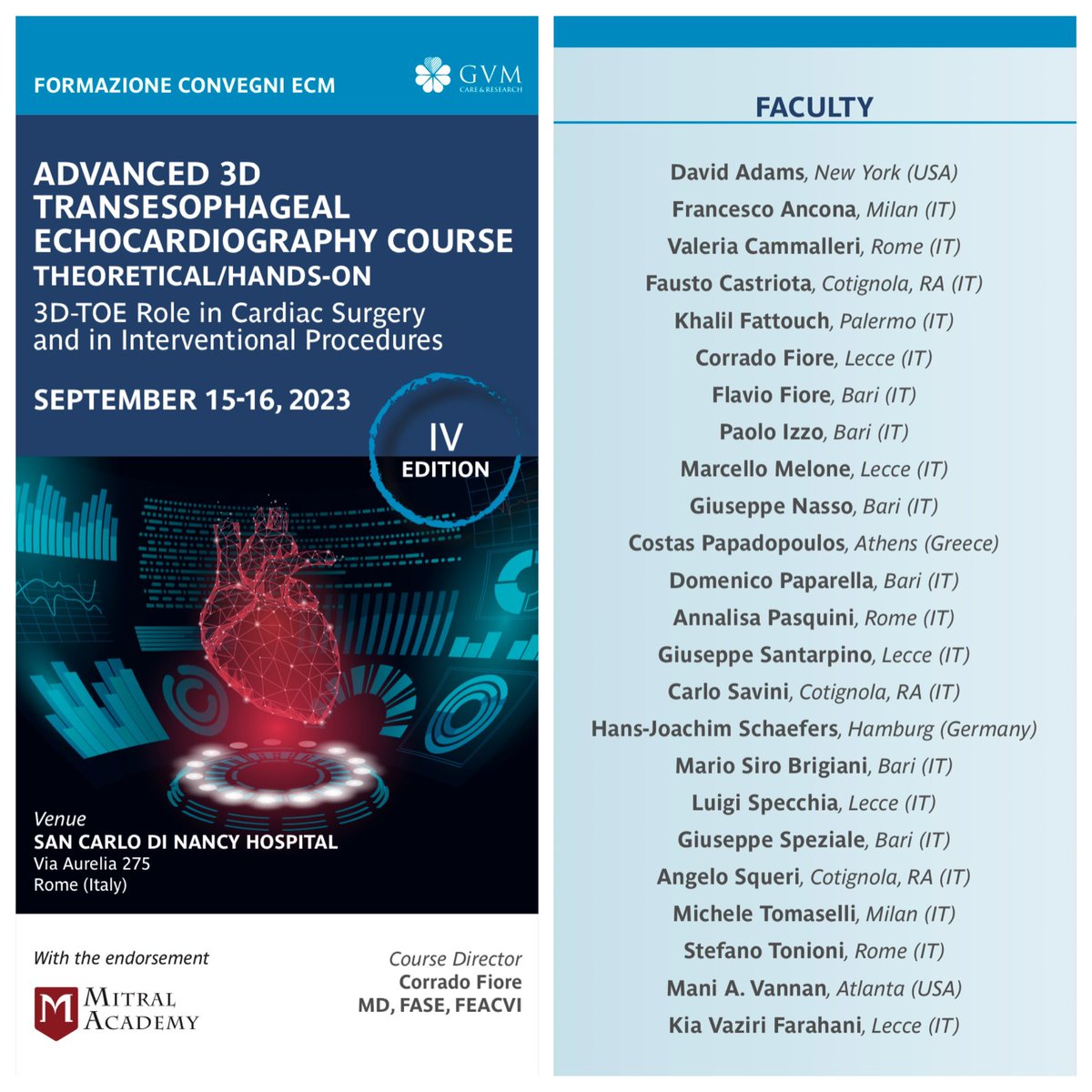 📣 I'm happy to announce the IV Edition of Transesophageal Echocardiography Course that this year will be held in Rome at 'San Carlo di Nancy' Hospital, 15-16 September, endorsed by 'Mitral Academy'. 🎯This edition will be dedicated to 3D Echo and will focus on the Role of…