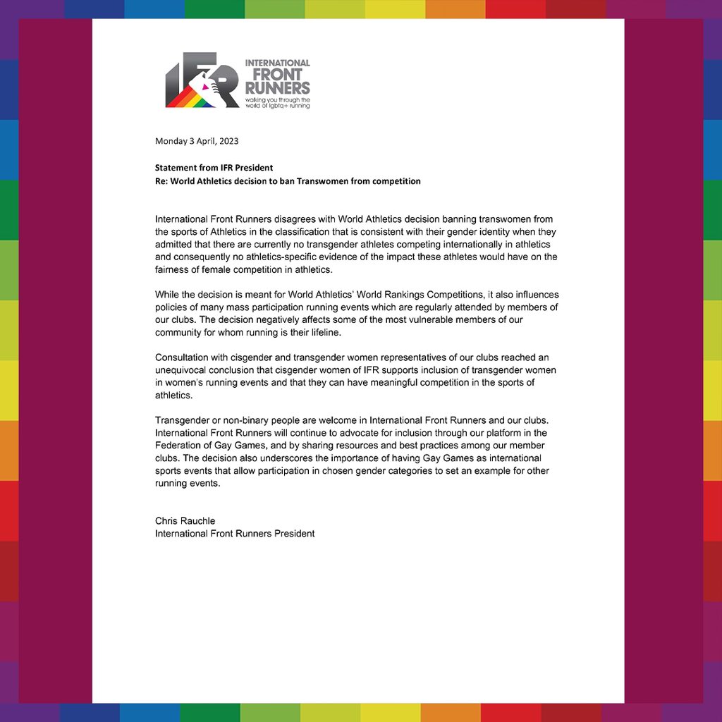 IntFrontRunners's tweet image. A letter from the International Front Runners president, highlighting our ongoing commitment to full inclusion and equal treatment of all the members of our community including those most vulnerable across our network of clubs and beyond.
