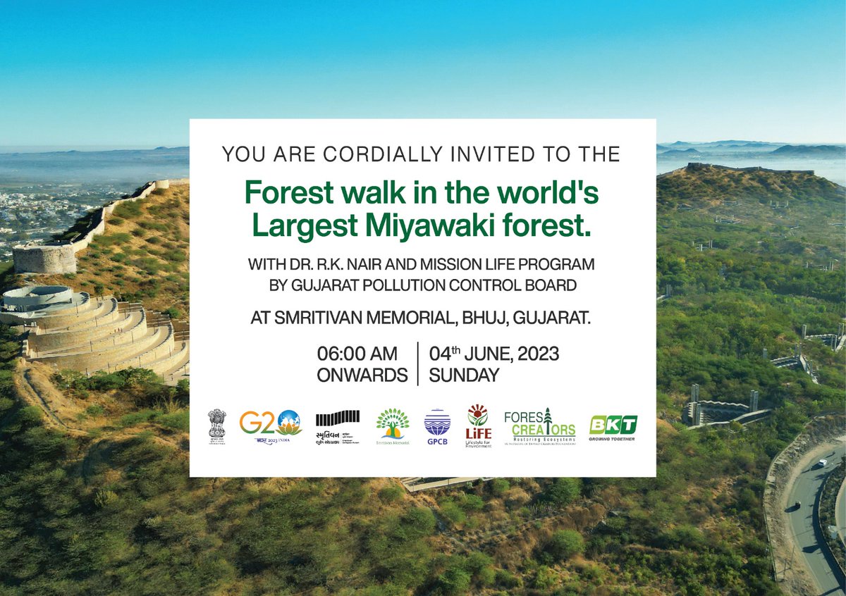 GPCB_KUTCH_WEST's tweet photo. GPCB Cordially invites you for Forest Walk at Smritivan Memorial on 04/06/2023 @ 6:00 AM onward with Dr. R.K.Nair and Mission Life Awareness Program #forests #environment #walkforenvironment #missionlife #lifeforenvironment #sustainableliving #g20 #moefcc #knowyourforest https://t.co/Pf6jV5rsud