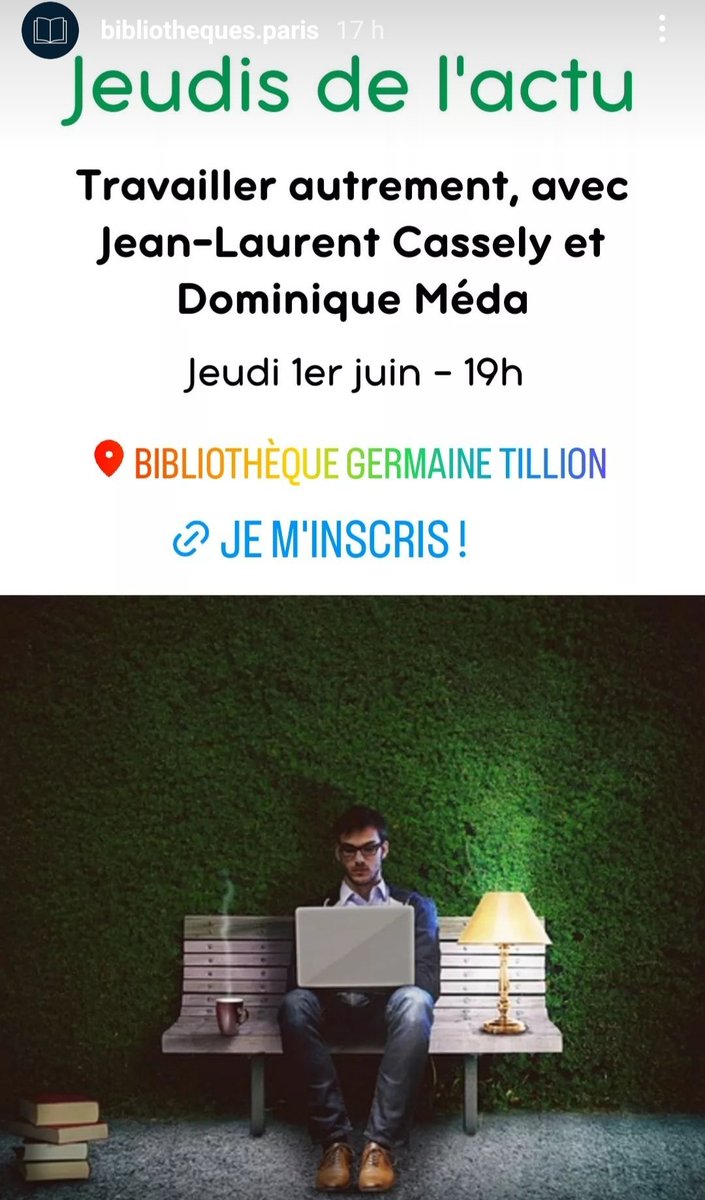 Ce soir à 19h, on parlera travail, reconversions pro, écologie &amp; emploi... avec <a href="/dominique_meda/">Méda Dominique @dominiquemeda.bsky.social</a> et <a href="/jlcassely/">Jean-Laurent Cassely</a> à <a href="/BibParis/">Bibliothèques de Paris</a> venez !
